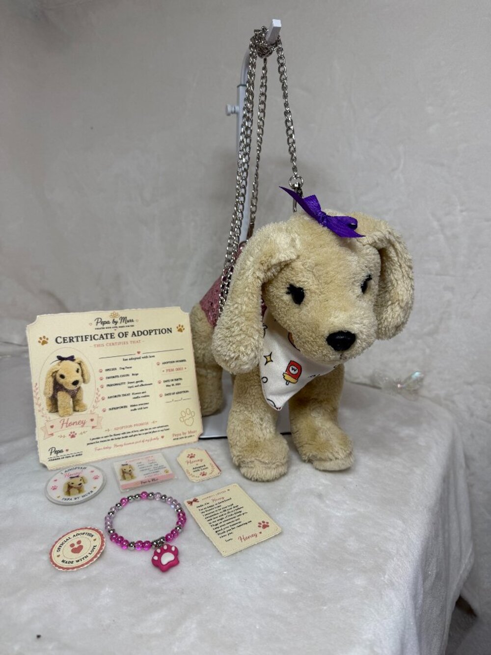 Honey – Preloved Puppy Purse with Full Adoption Kit (Handmade Kawaii Set)